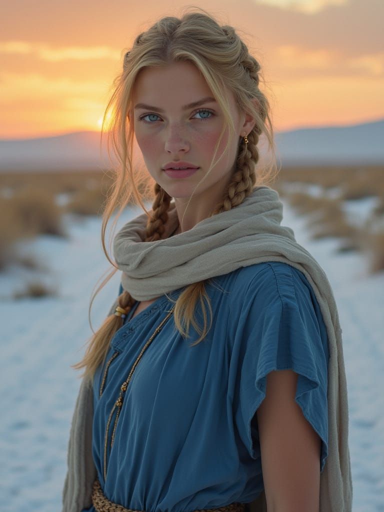 Young Woman in Greek Chiton on Snowy Desert Road at Sunset