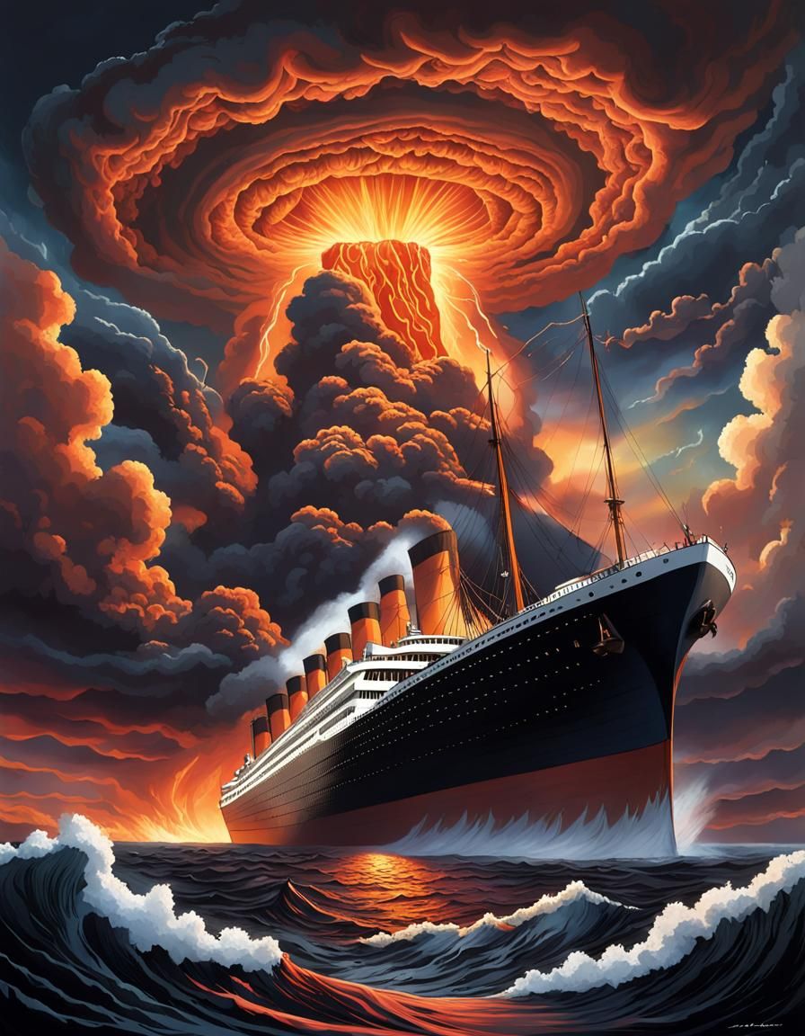 Volcanic Eruption Amidst Storm Clouds: Digital Art