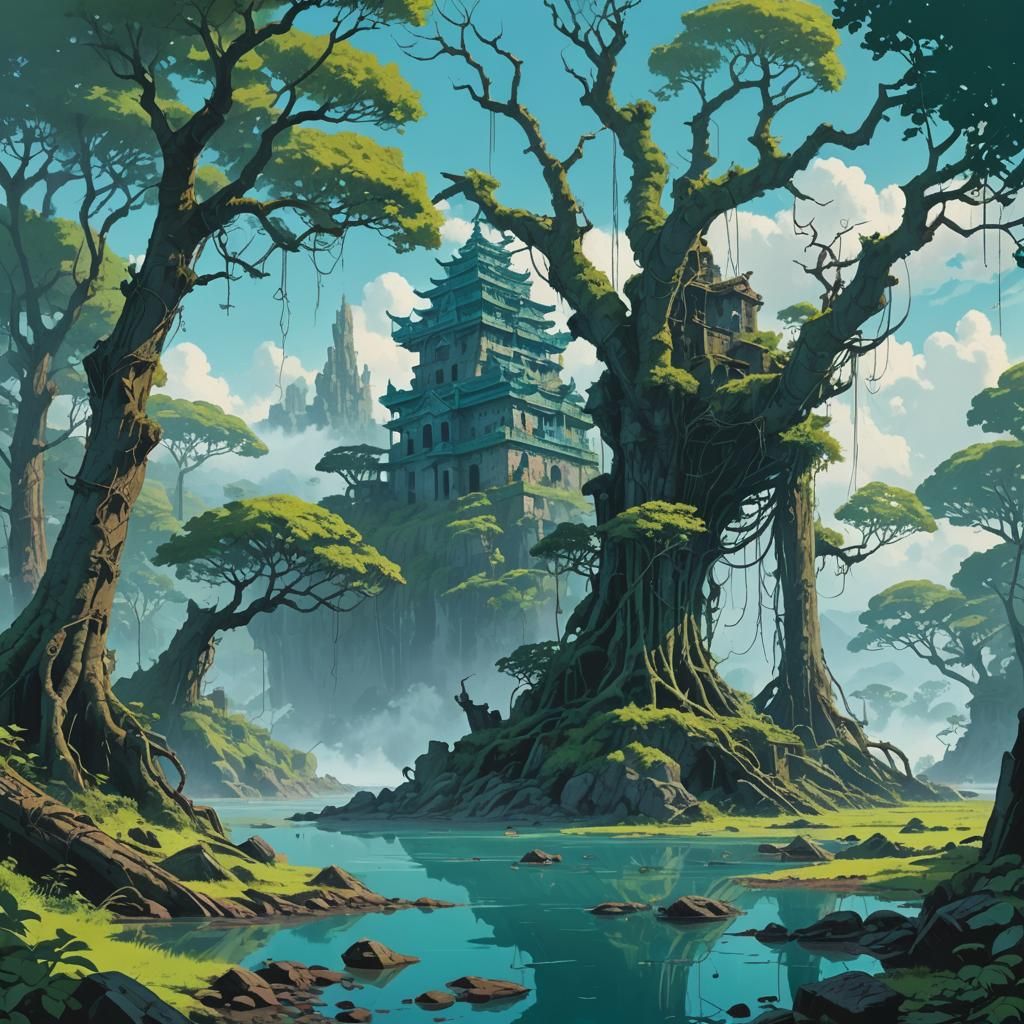 Enigmatic Lost Island with Ancient Ruins, 3D Rendered