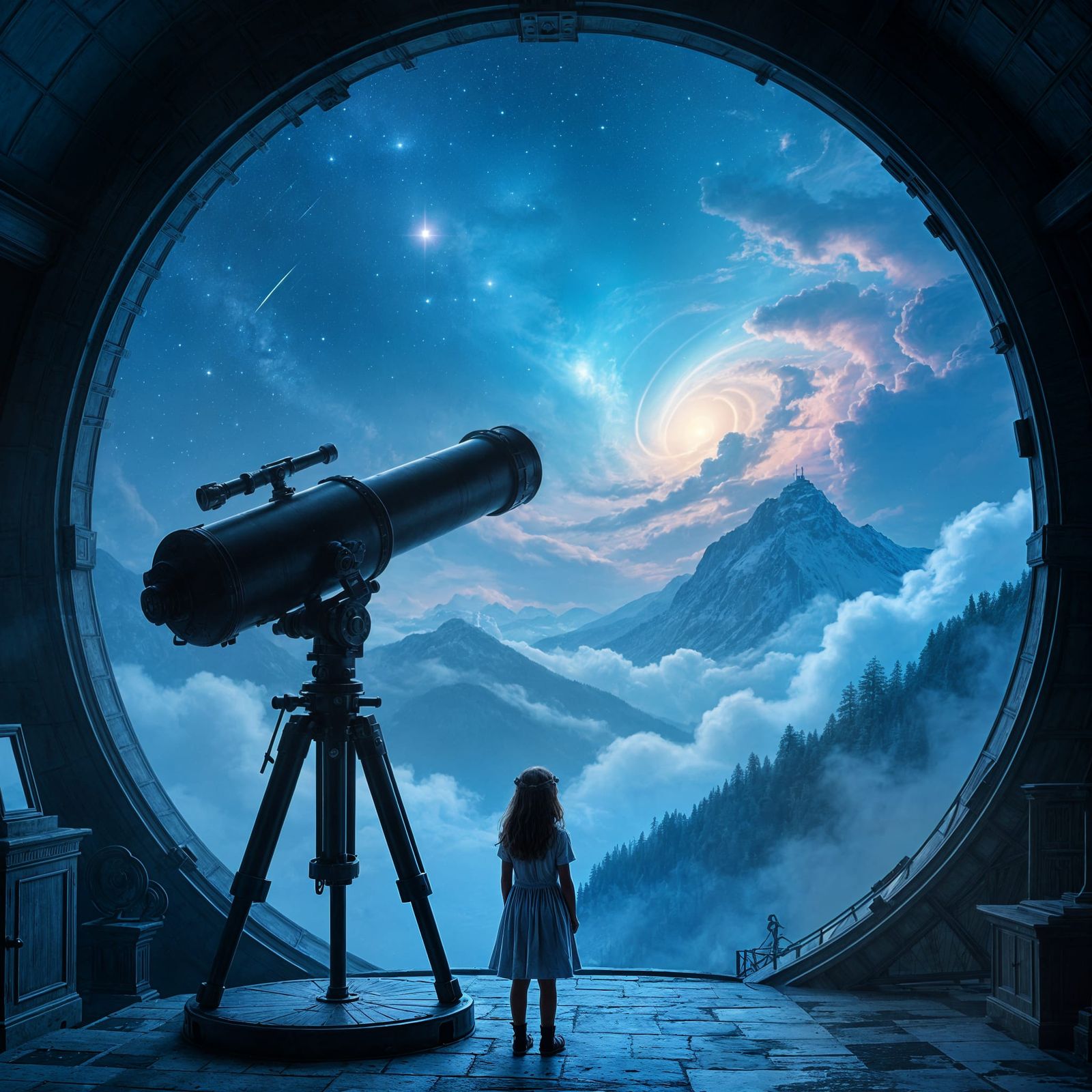 Girl with Starlight Hair Views Nebulae Through Antique Teles...