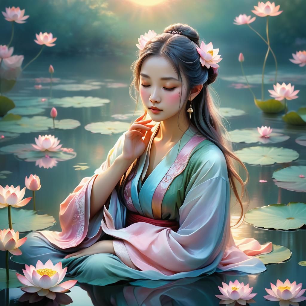 Serene Maiden Meditating in Lotus Pond: Digital Art