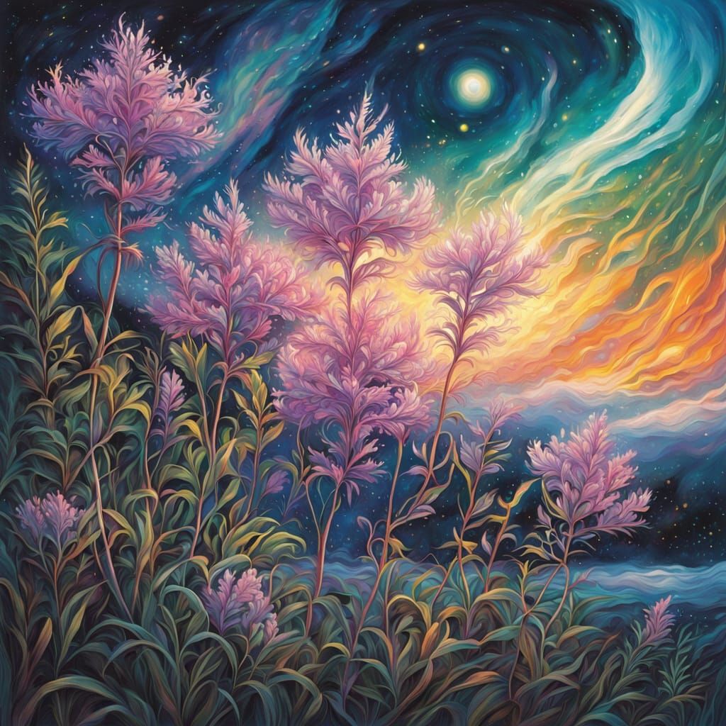 Ethereal Alaskan Fireweed Fluff in Cosmic Fantasy Art