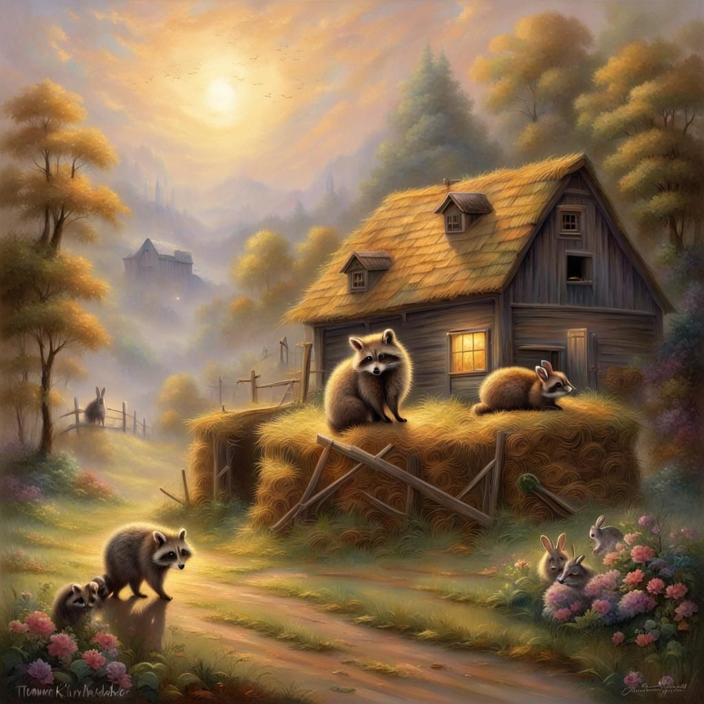 Raccoon and Rabbit in Barn, Ethereal Fantasy Style
