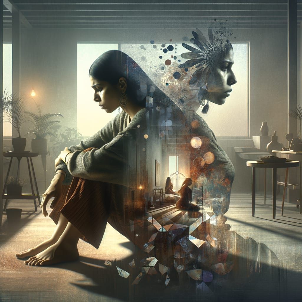 Women's Strength and Resilience in Double Exposure Oil Paint...