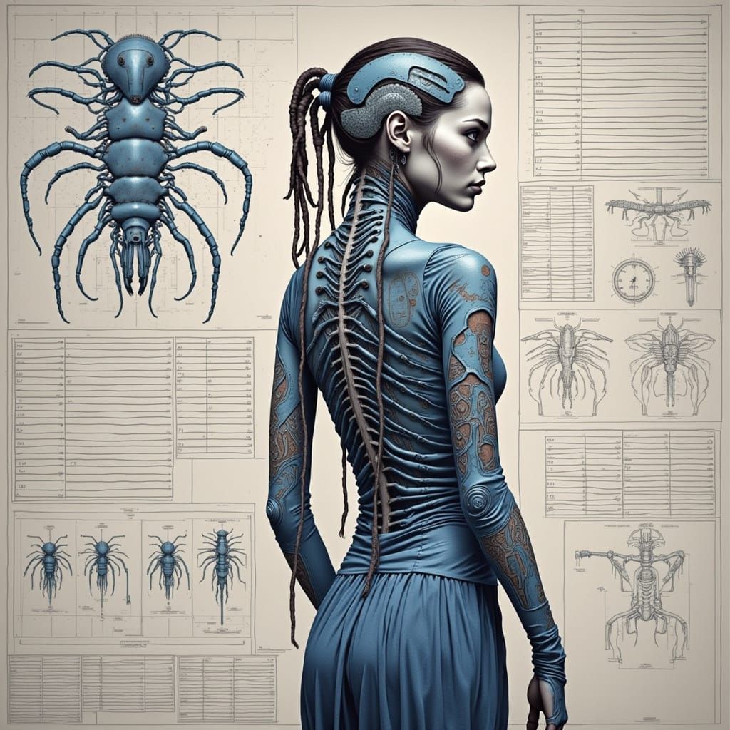 Cyborg Woman with Medical Tattoos in Giger Style