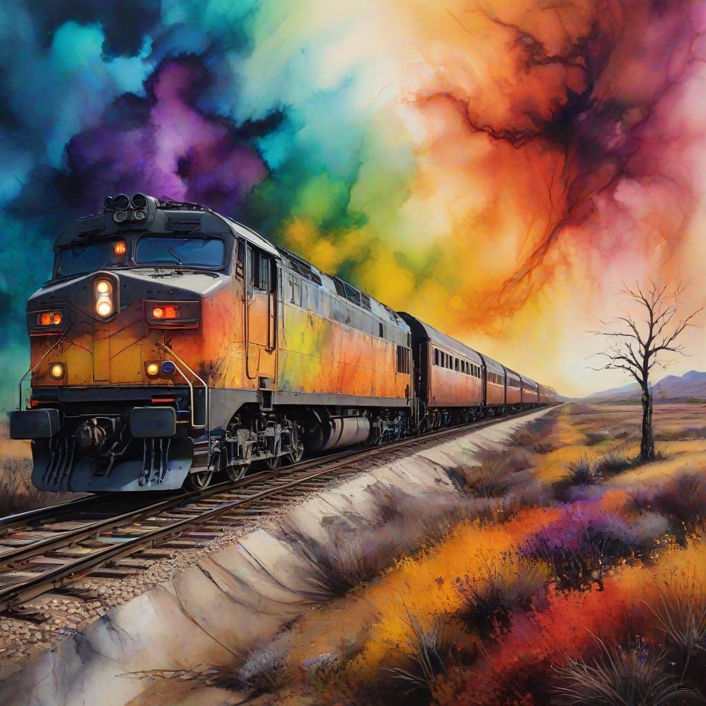Alcohol Ink Painting of a Lone Train
