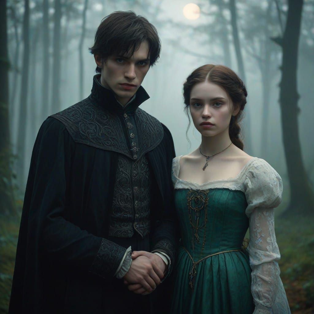 Vampire Boy and Victorian Girl in Mystical Forest