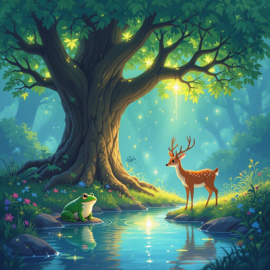 Magical Tree and Animal Friends by Enchanted Pond