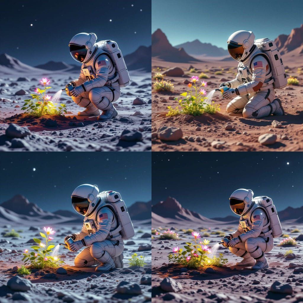 Astronaut Tends Glowing Alien Garden on Barren Planet