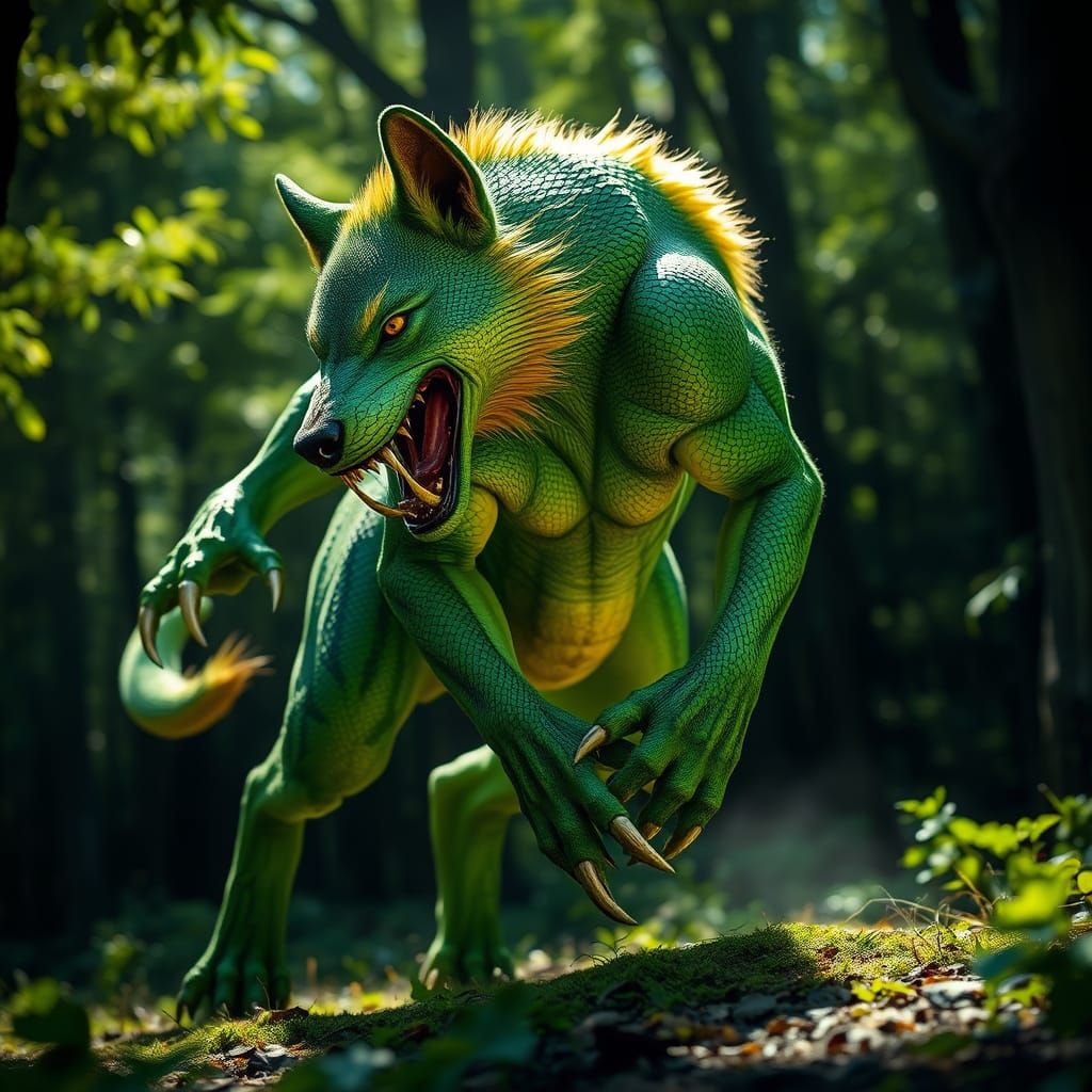 Majestic, Emerald-Hued Canine with Reptilian Traits, in a Da...