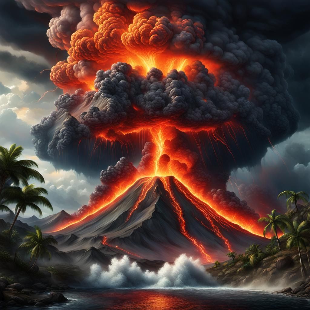 Volcanic Eruption with Water Tornadoes and Lightning