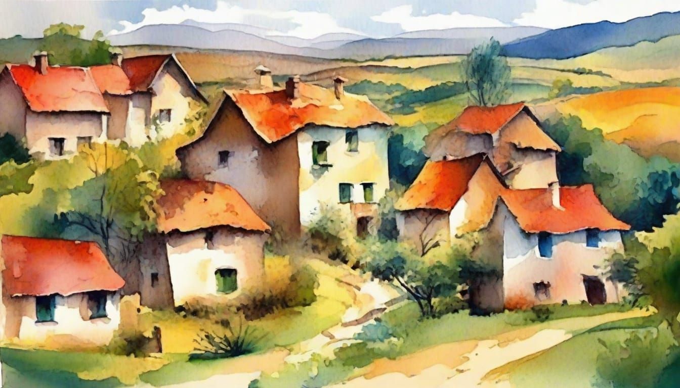Ethereal Countryside Village Masterpiece in Vibrant Watercol...