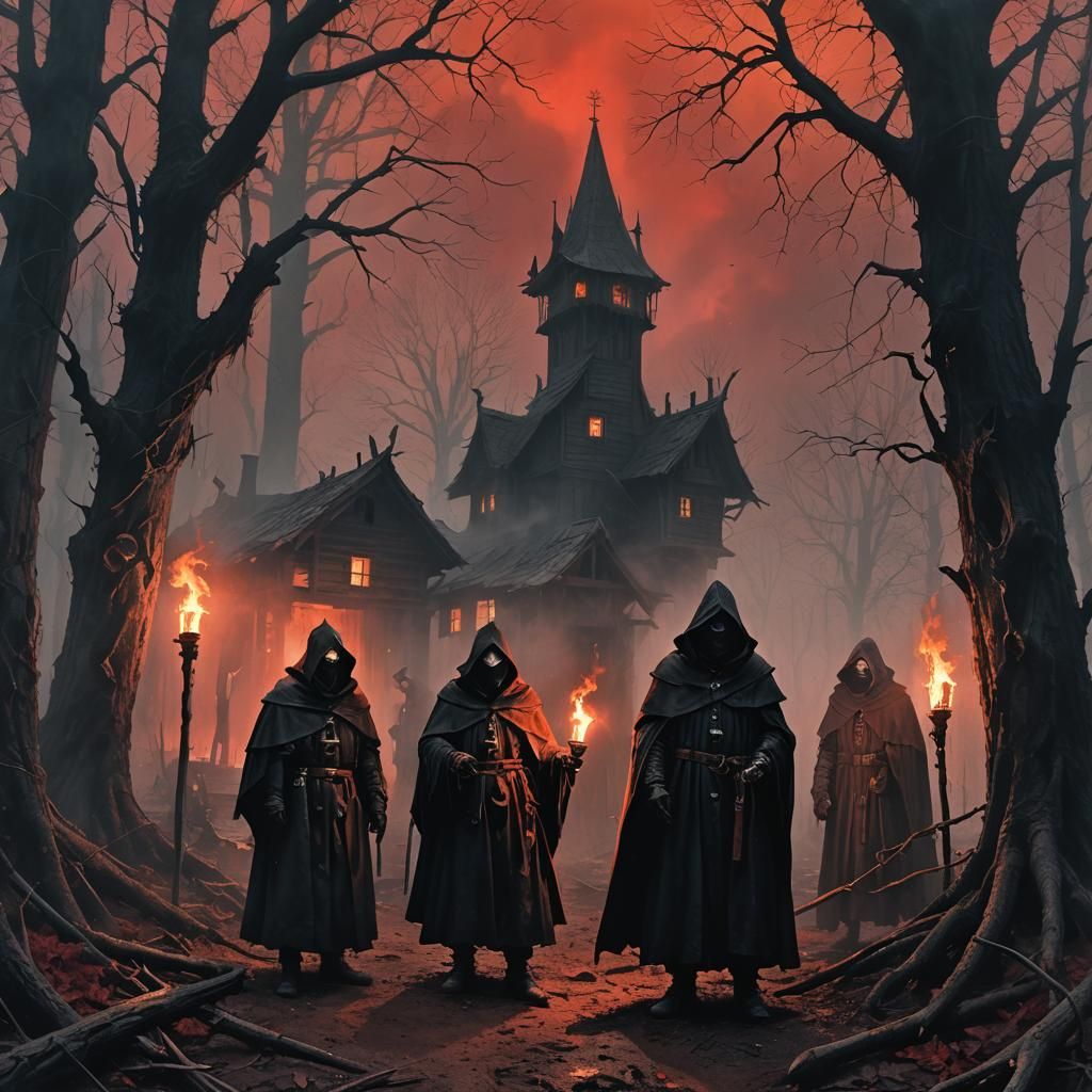 Ominous Plague Doctors in Misty Forest