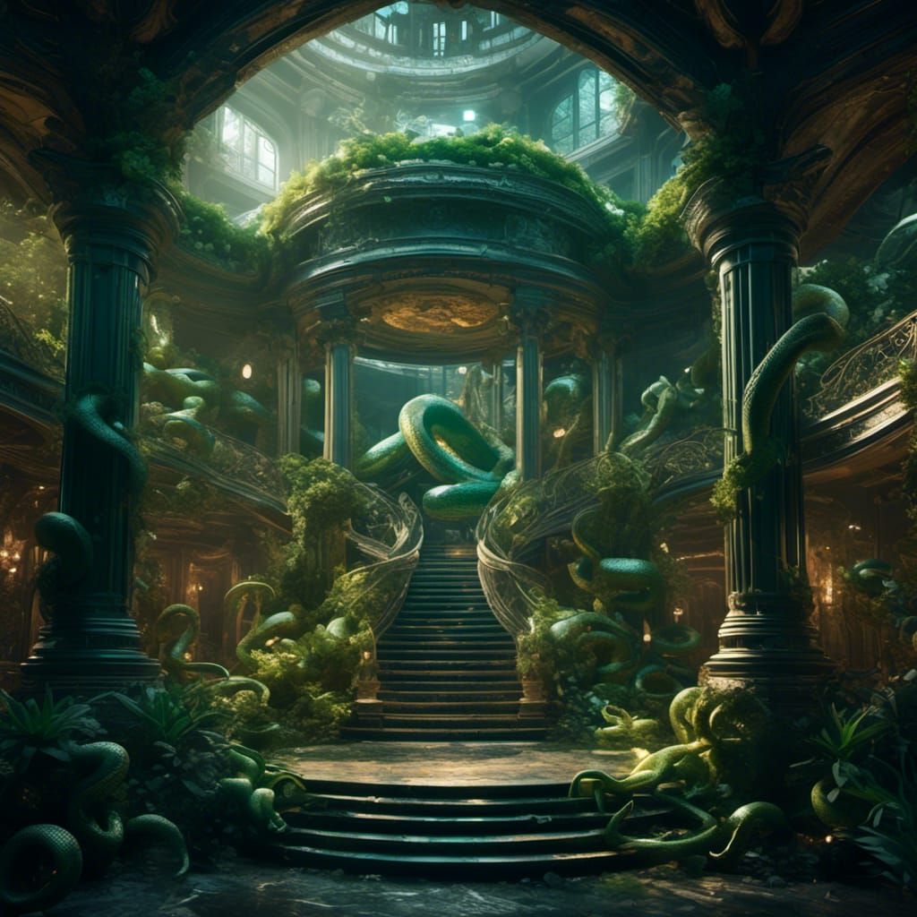 Billionaire's Mansion with Snake Sculptures and Portal