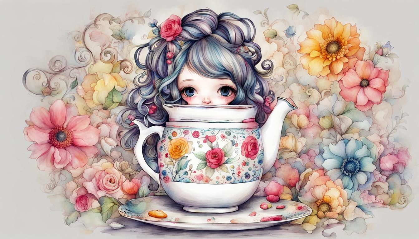 Colorful Ink Drawing of Teapot Child