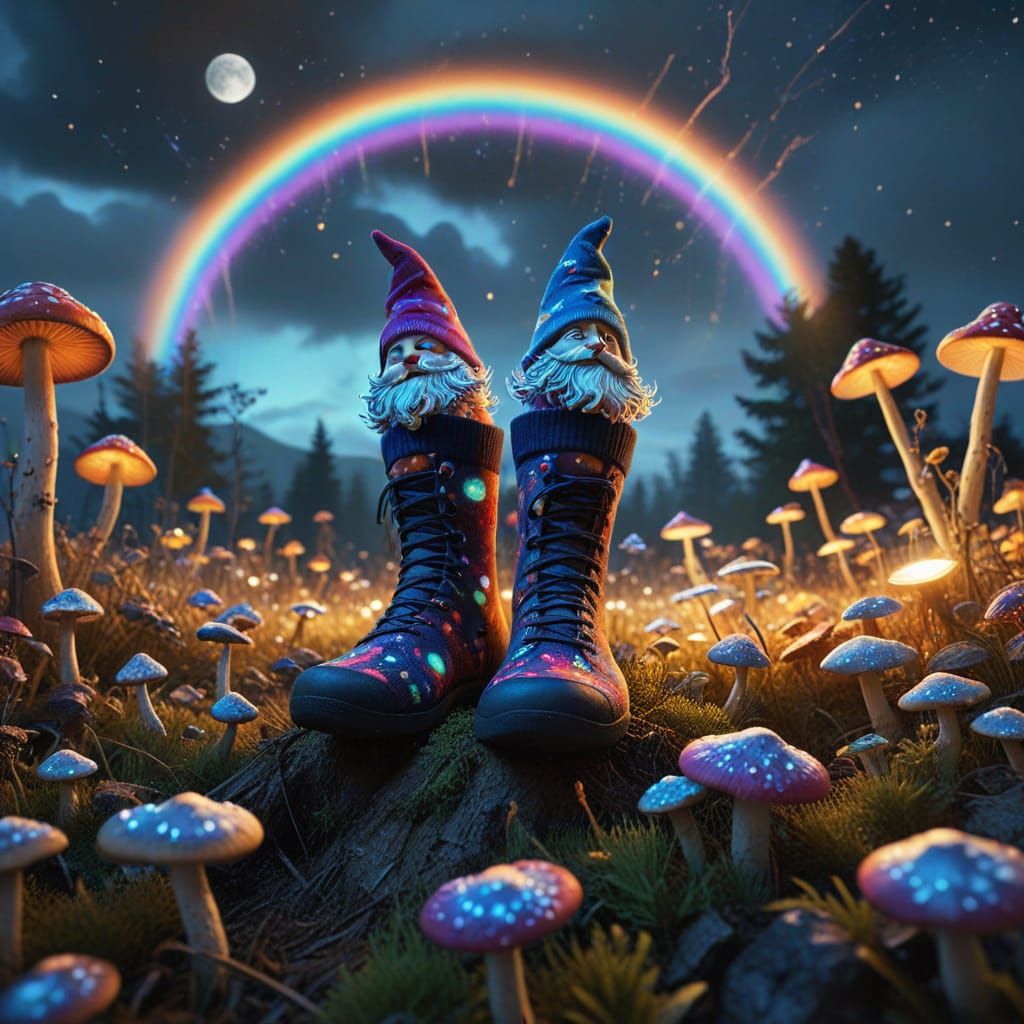 Gnomes Leaping Through Mushroom Fields Under Rainbow Moons
