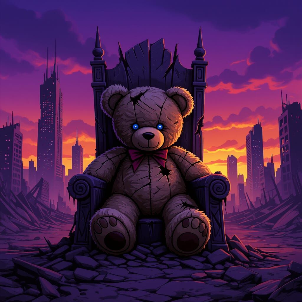 Tattered Teddy Bear on Throne in Post-Apocalyptic Wasteland