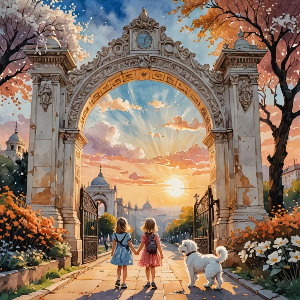 Girl and Puppy at Sunset: Impressionistic Watercolor