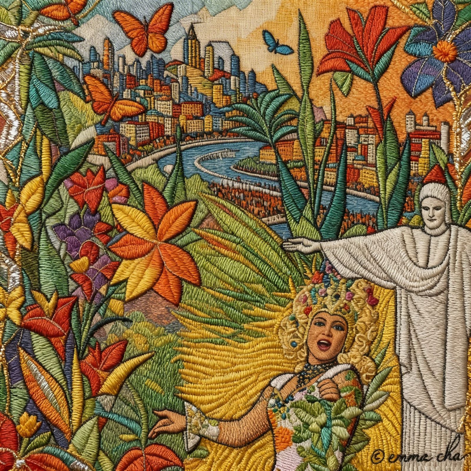 Jacquard Tapestry of Rio Carnival Samba Dancer with Corcovad...