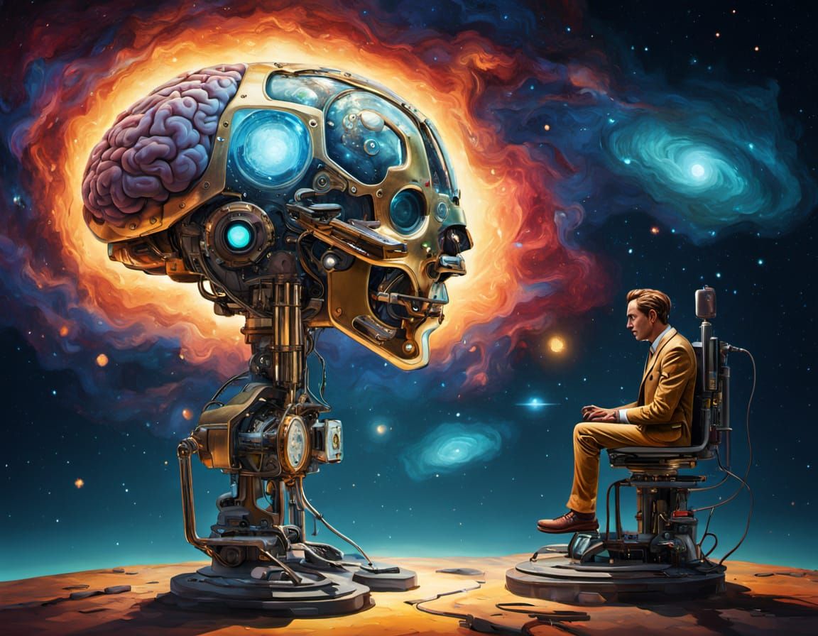 Mechanical Being Observes Hologram, in Surreal Style