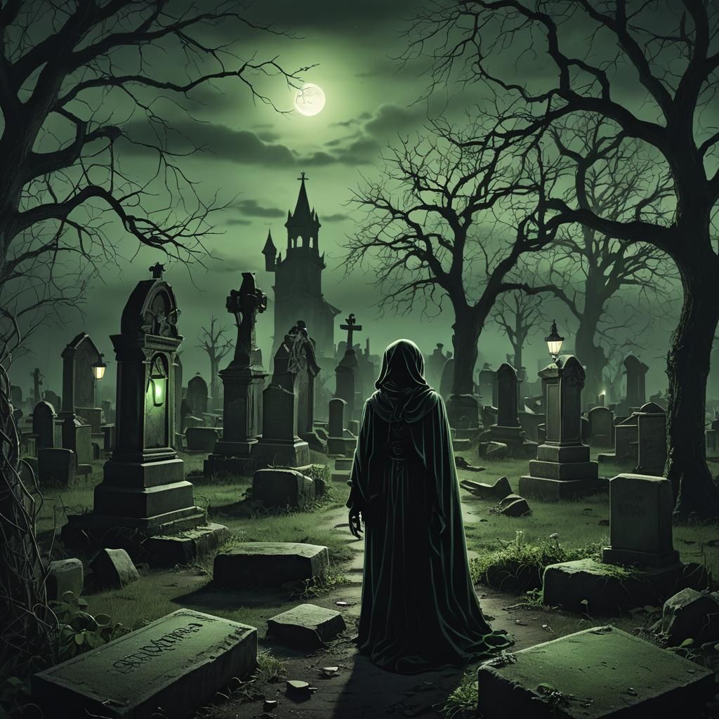 Haunted Gothic Graveyard with Ghostly Woman in Digital Art