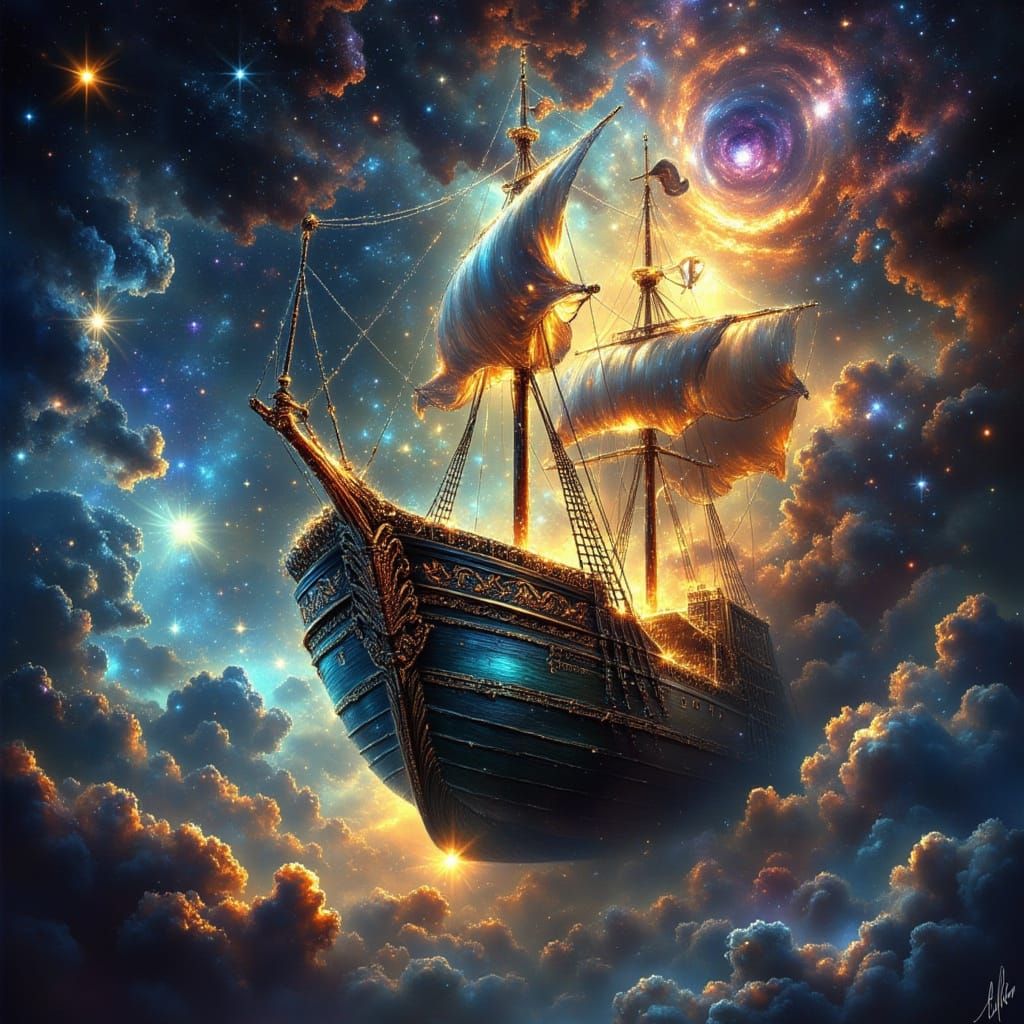 Ancient Ship Sails Through Cosmic Nebula Sky