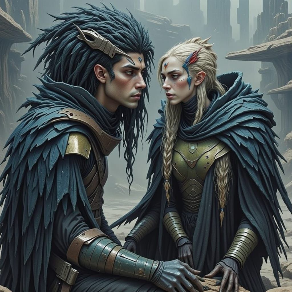 Couple's Emotional Moment in Sci-Fi Landscape