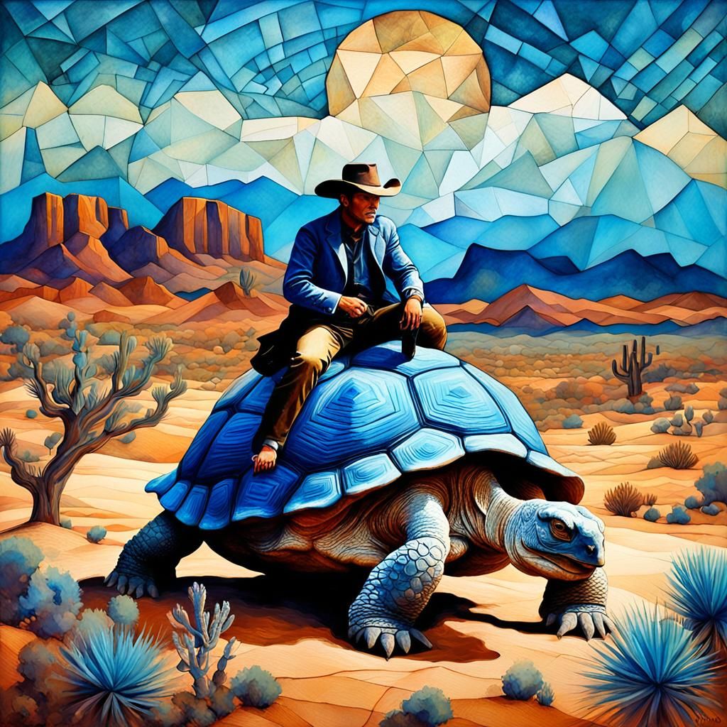 Cowboy Riding a Giant Tortoise in Mixed Media