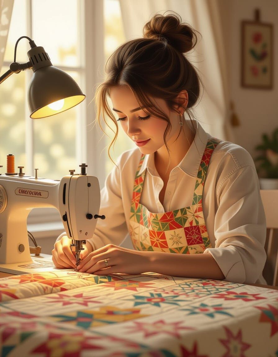 Seamstress Sewing Quilt with Warm Golden Hour Light