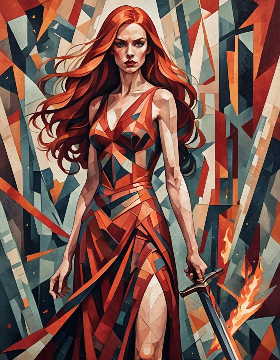 Red-Haired Woman with Burning Sword in Cubist Style