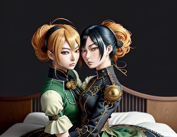 Kemono Twin Sisters Kiss in Steampunk Manga Style