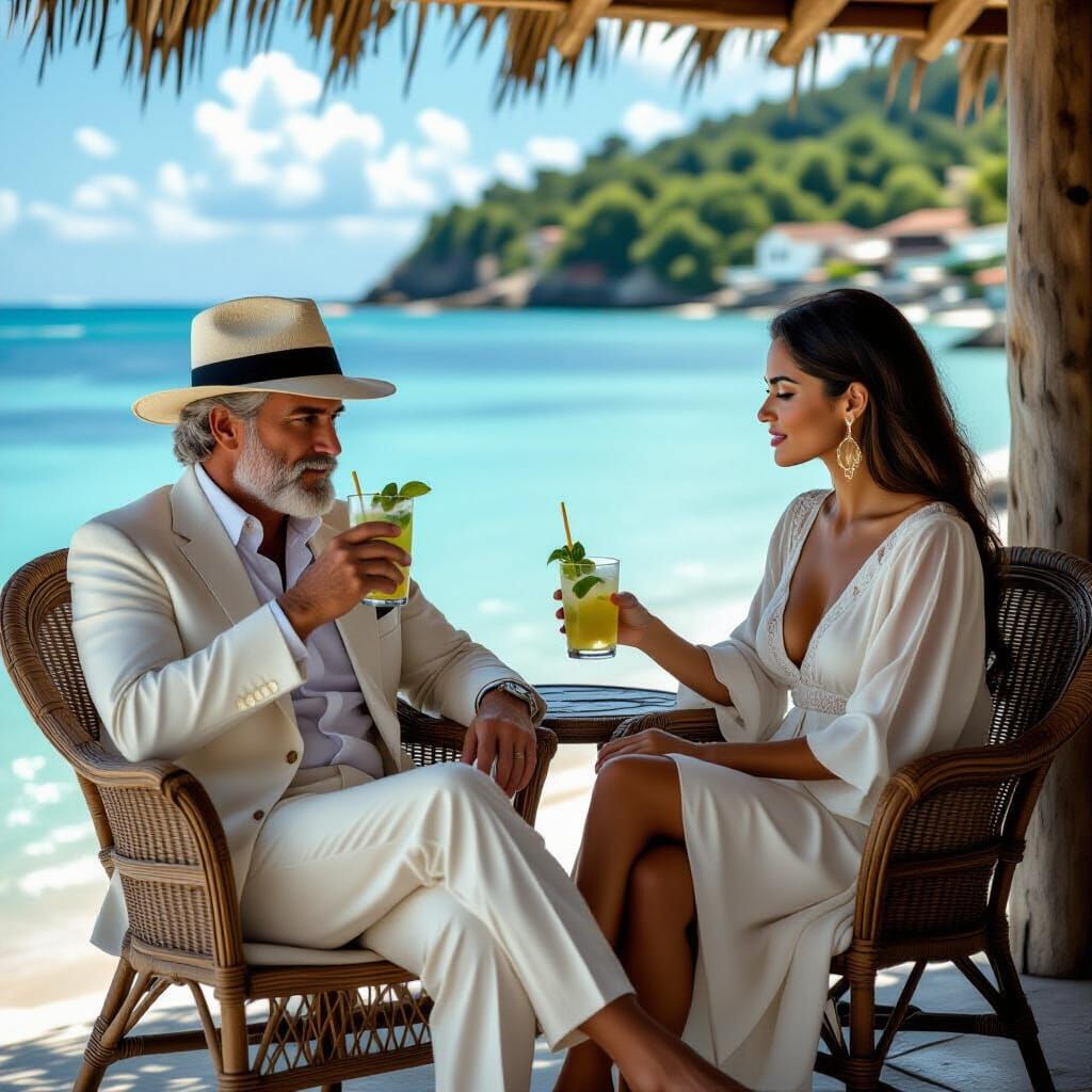 Colombian Seaside Serenity: Man in White Suit with Mojito