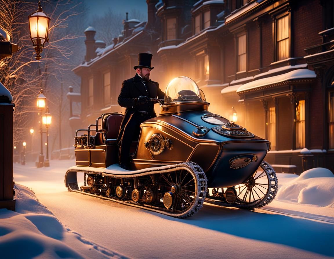 Steampunk Snowmobile in Victorian Winter Wonderland