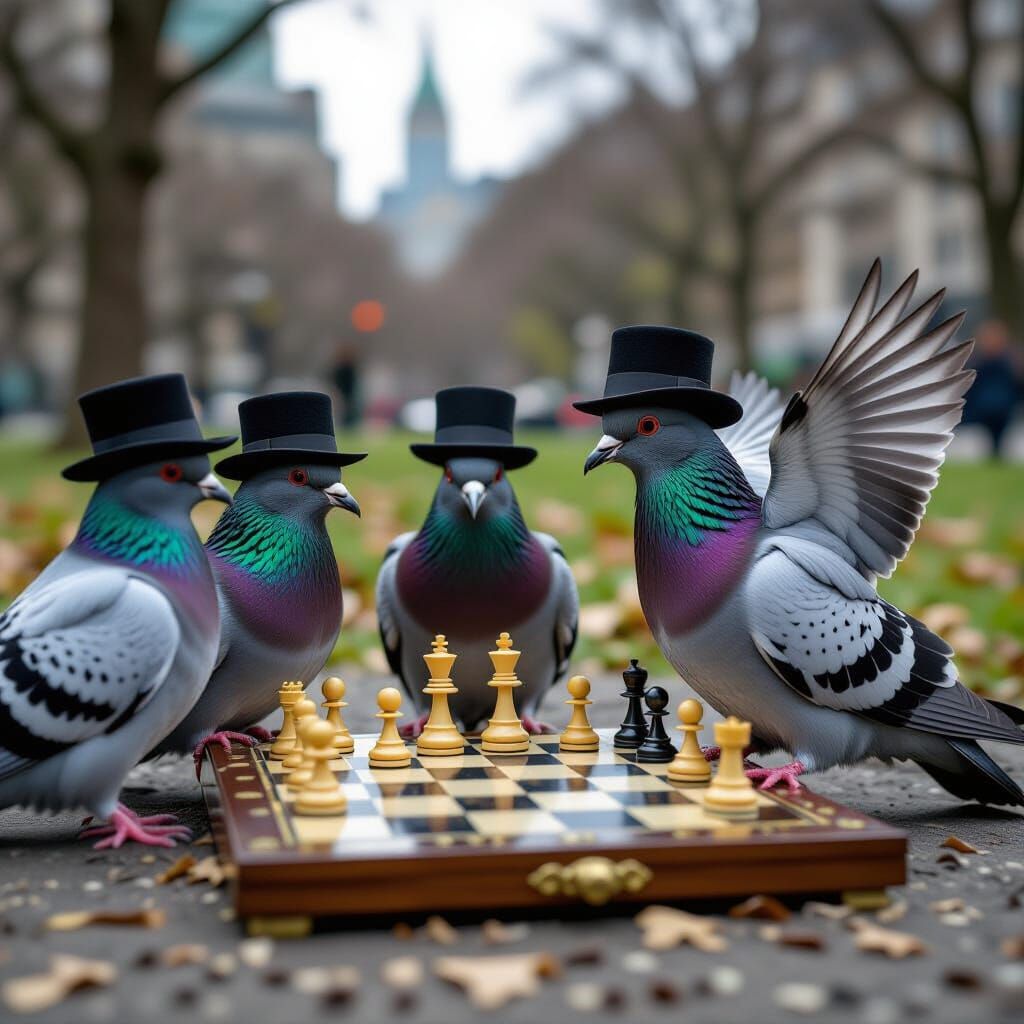 Pigeons Play Chess in Grimy Urban Park