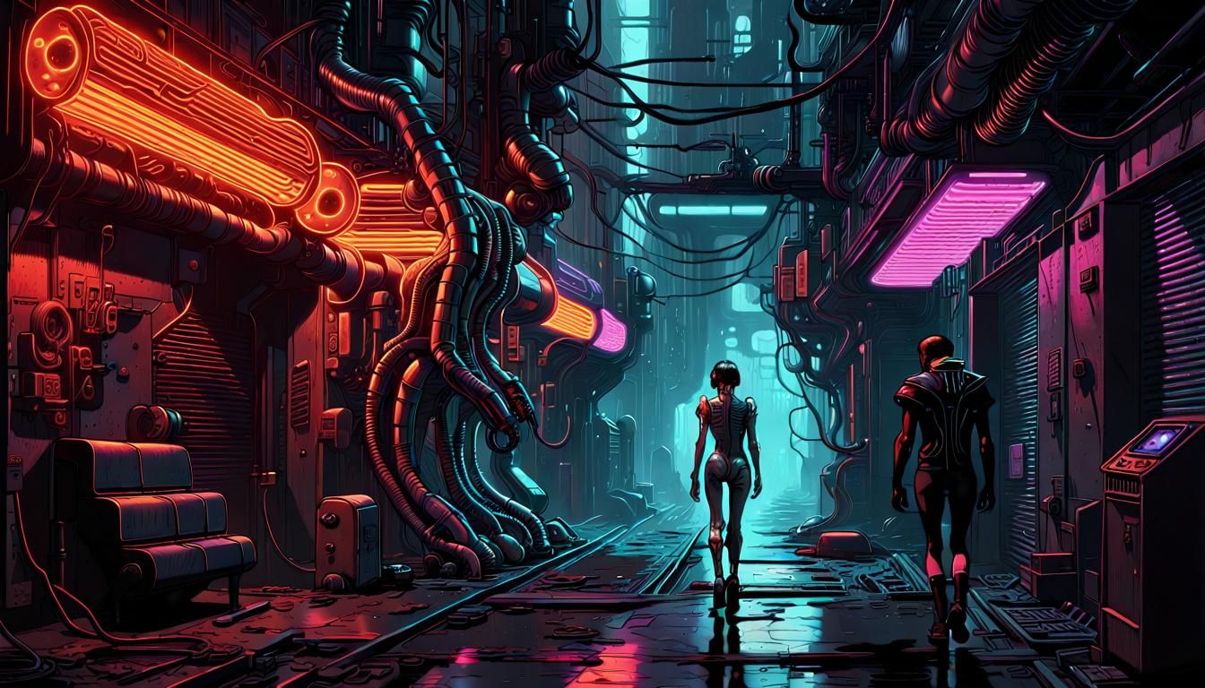 Cyberpunk Nervous System Walks in Dark Alleyway