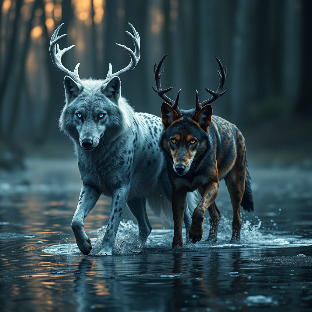 Wolves with Deer Antlers in Mystical Forest