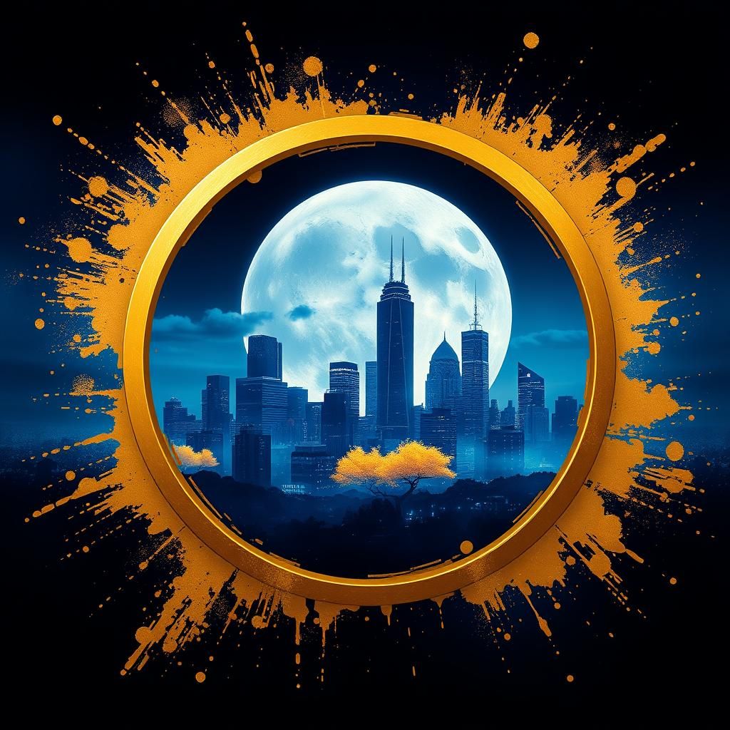 Electric Blue Futuristic City in Golden Frame