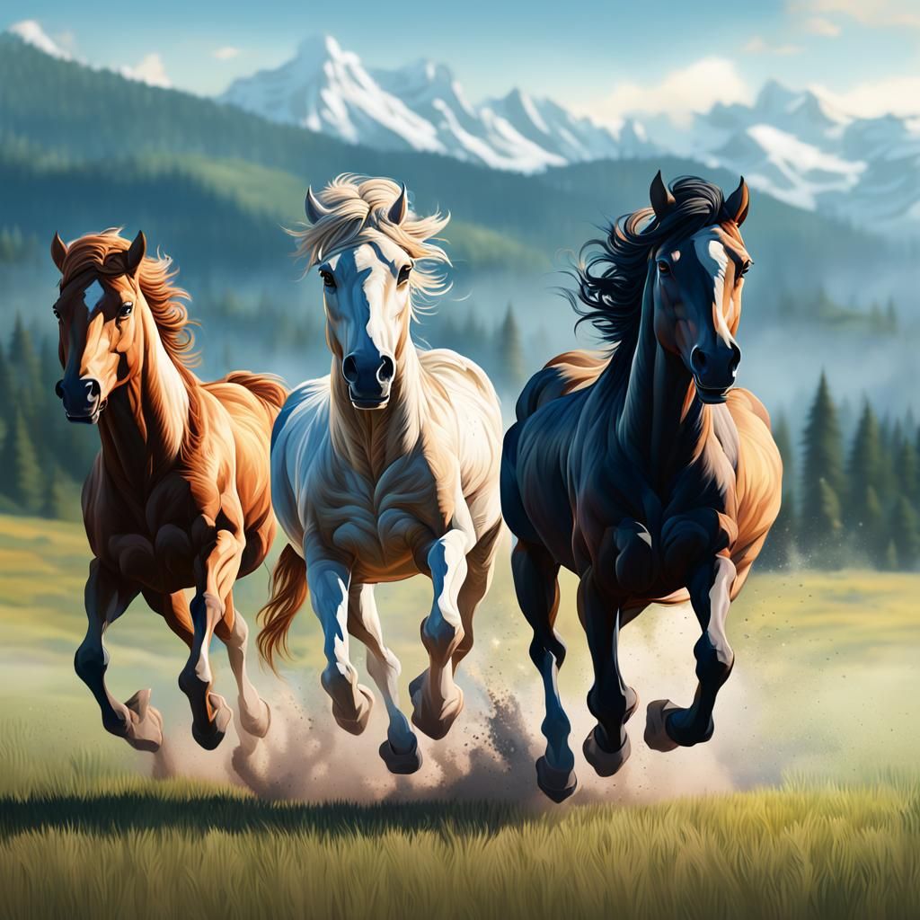 Wild Horses Running: Hyperrealistic Splash Art
