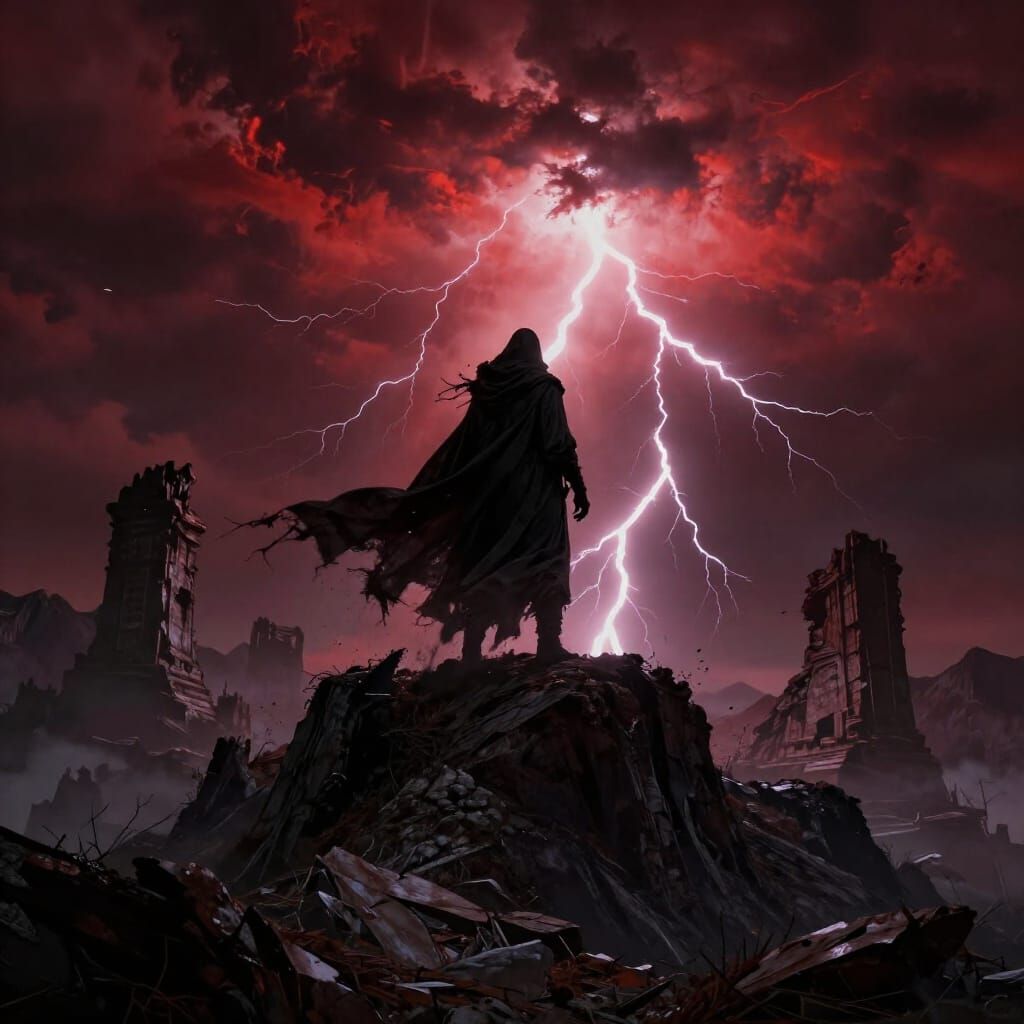 Sorcerer on Mountain Under Stormy Red Sky