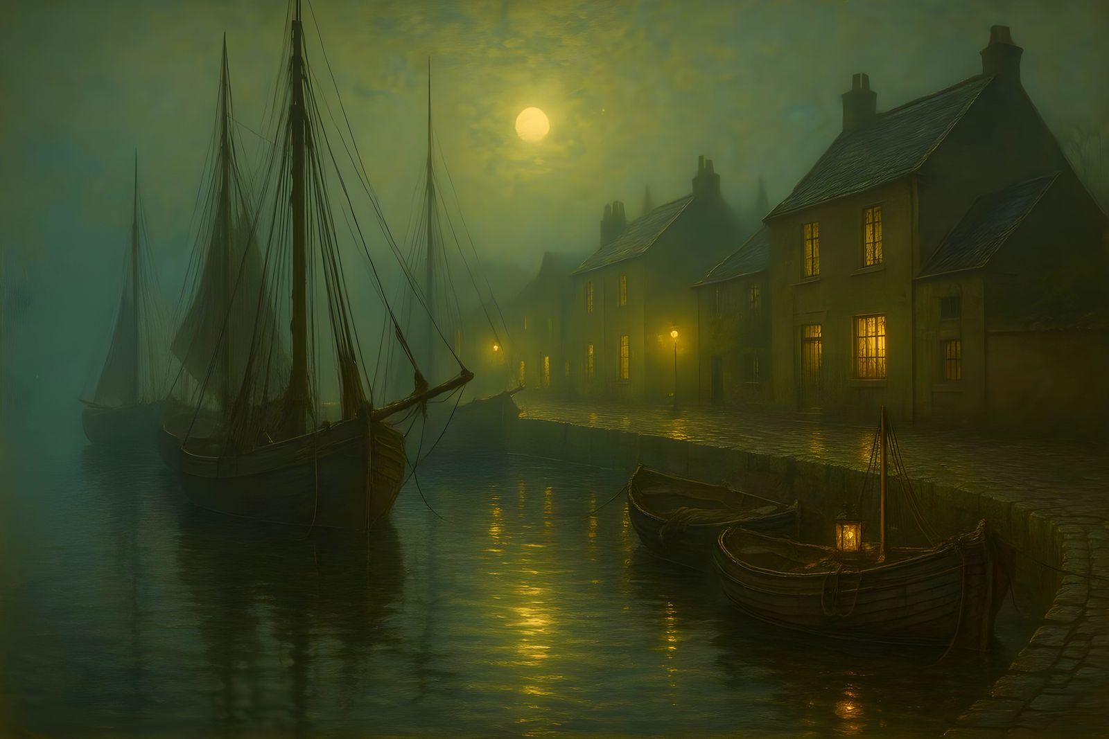 Night Harbor Scene in Luminist Style