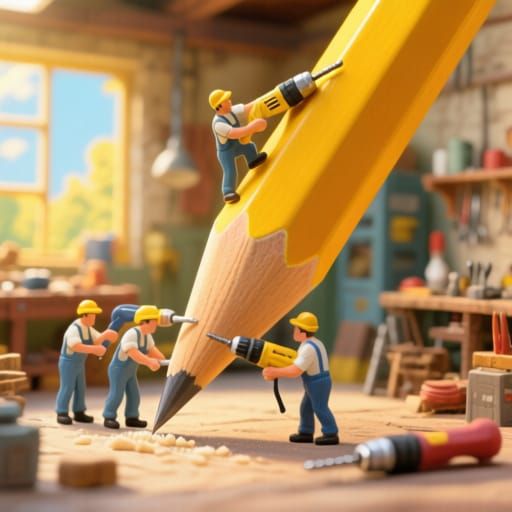 Miniature Workforce Sharpens Giant Pencil in Bright Workshop