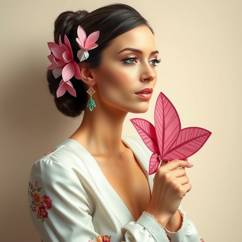 Elegant Woman with Origami Accessories in Pastel Colors