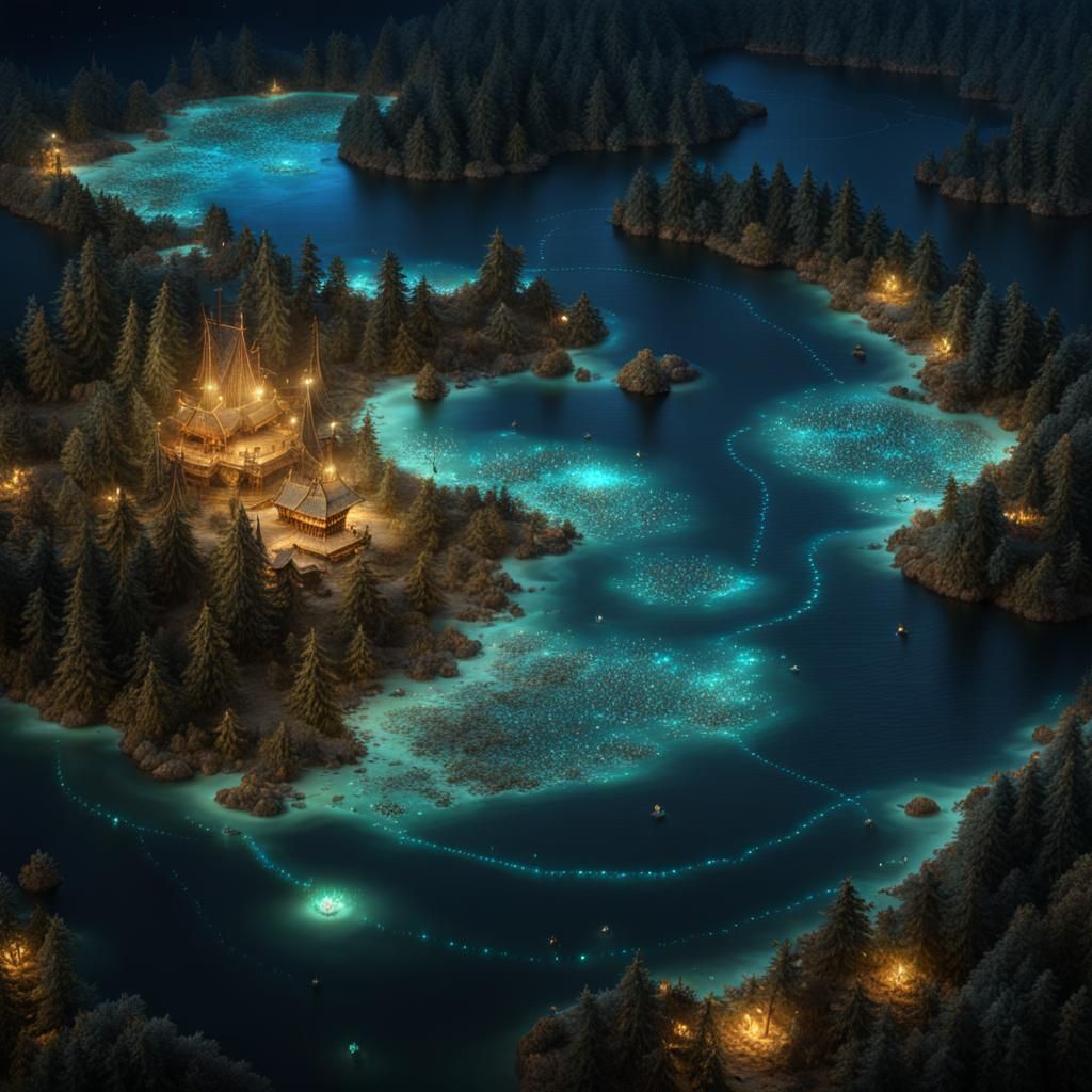 Bioluminescent Treasure Map with Floating Crystals