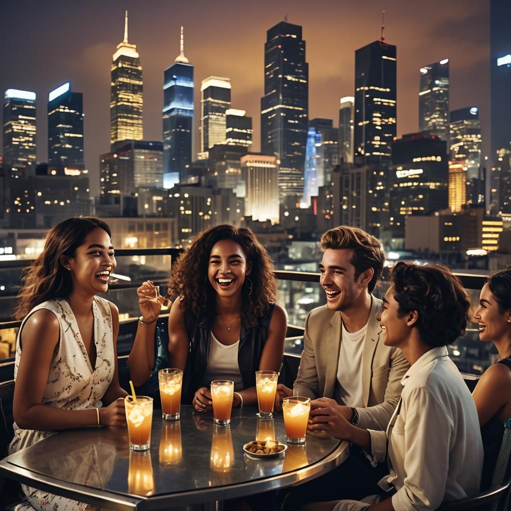 Friends Enjoying Drinks at a Rooftop Bar