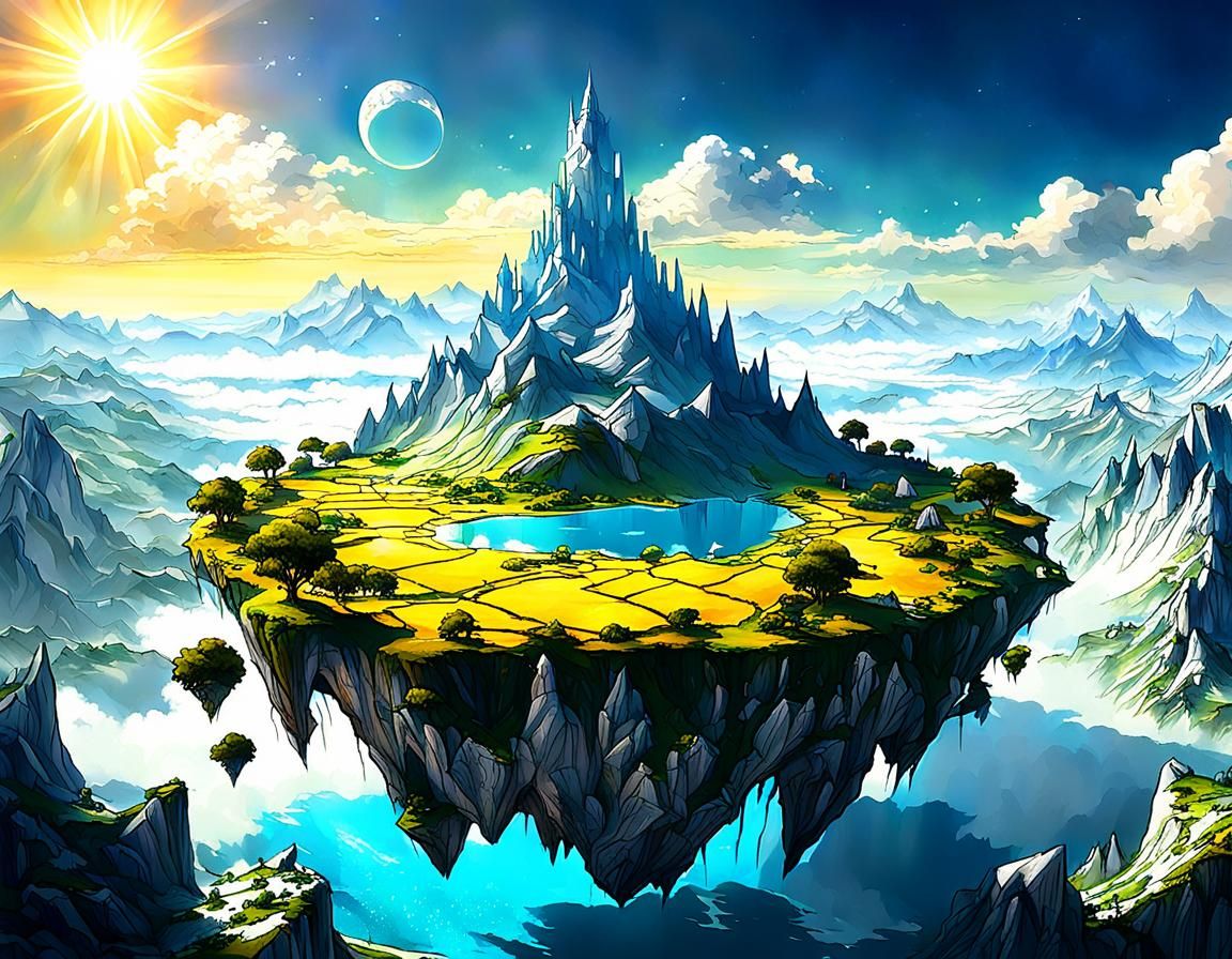 Fantasy Floating Island Mountainscape in Sunshine