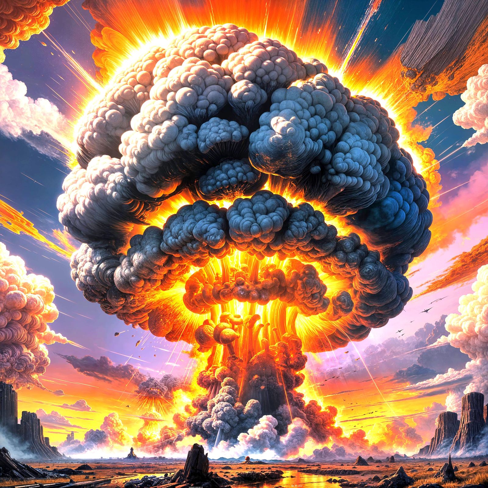 Hyperrealistic Nuclear Explosion Mushroom Cloud Splash Art