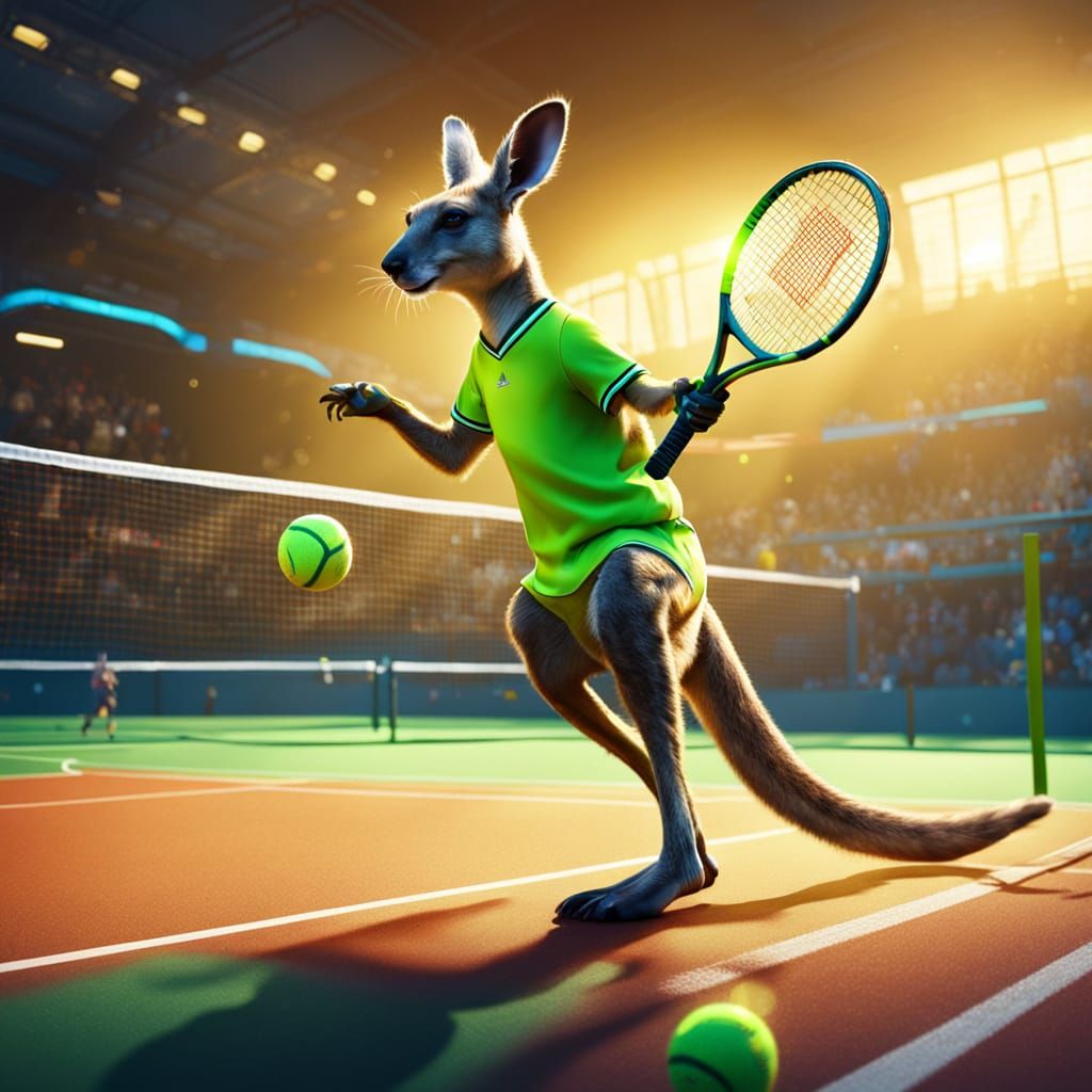 Kangaroo Plays Tennis at Wimbledon: Fantasy Oil Painting