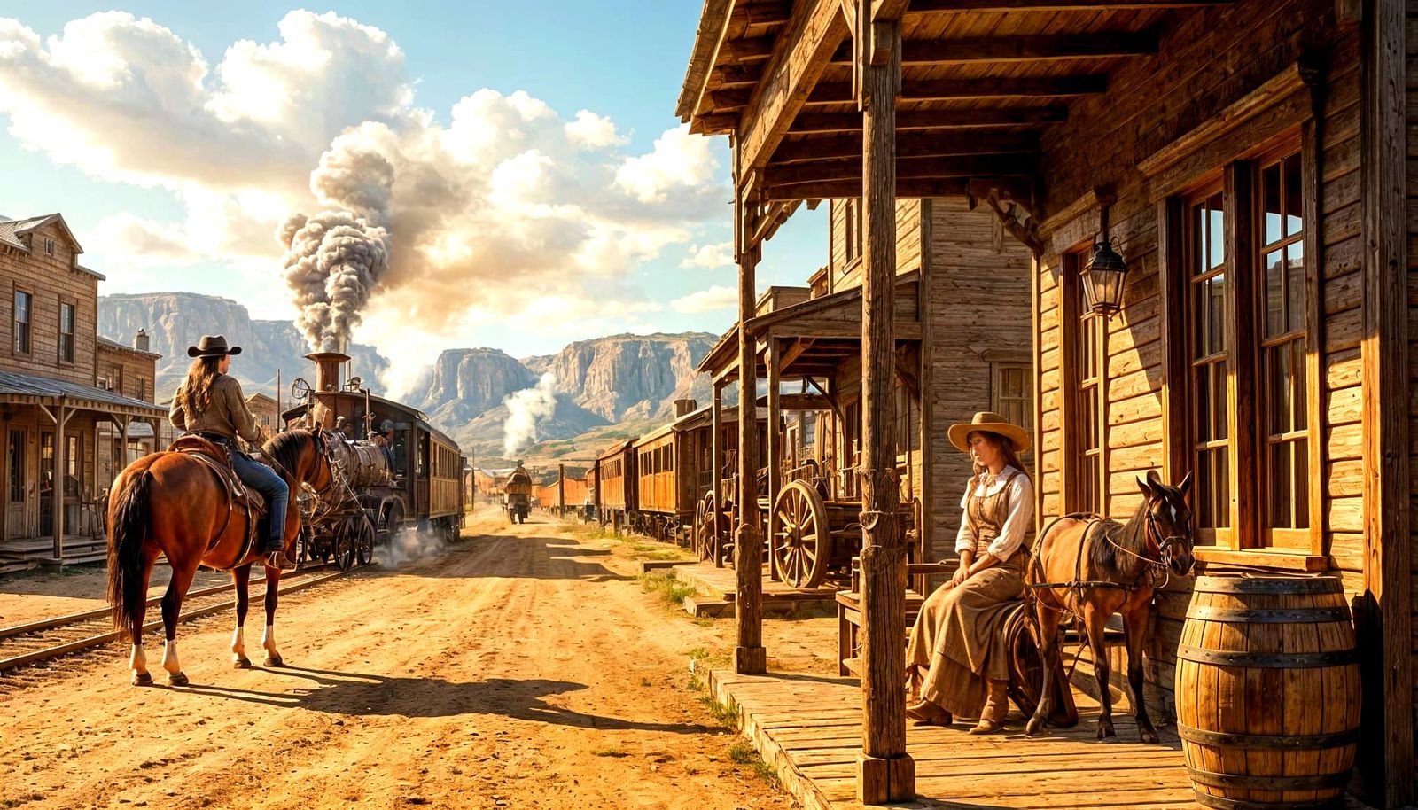 Classic Western Saloon Scene with Cowboys and Train