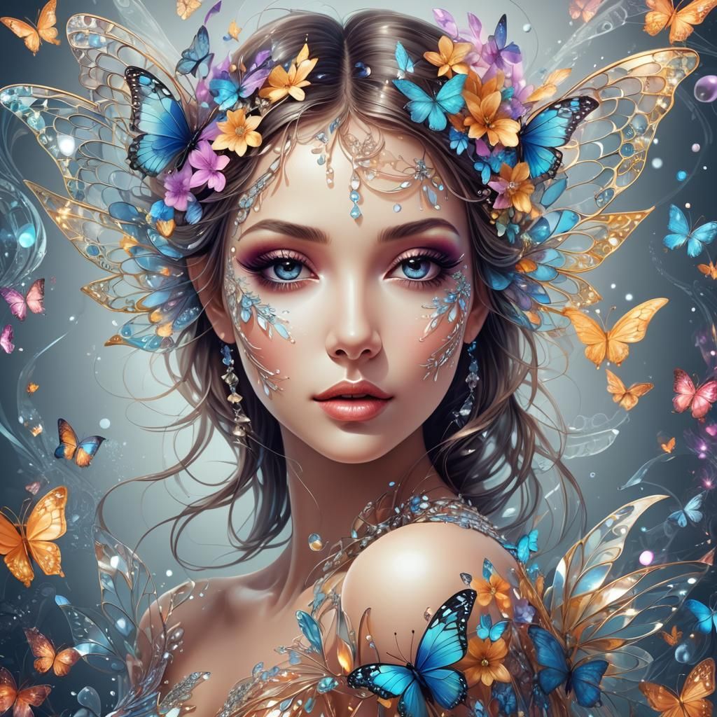 Feminine Fairy with Glass Wings and Floral Accents