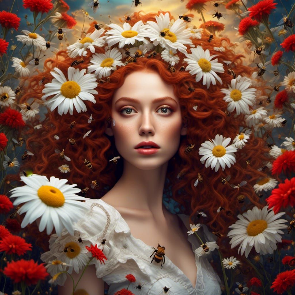 Hyperrealistic Goddess with Bees and Daisies